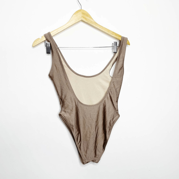 PRIVATE PARTY Keep it 100 Swimsuit one piece metallic mocha tan high leg S/M 0-4 - Picture 5 of 6